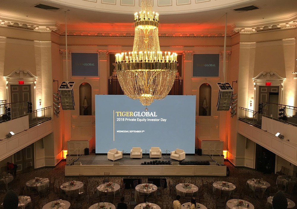 Tigerglobal 2018 Private Equity Investor Day Conference at 365 Park Avenue, NYC. Coleder Road Ready 2.9mm LED wall 28' x 17', 4K Novastar LED controller